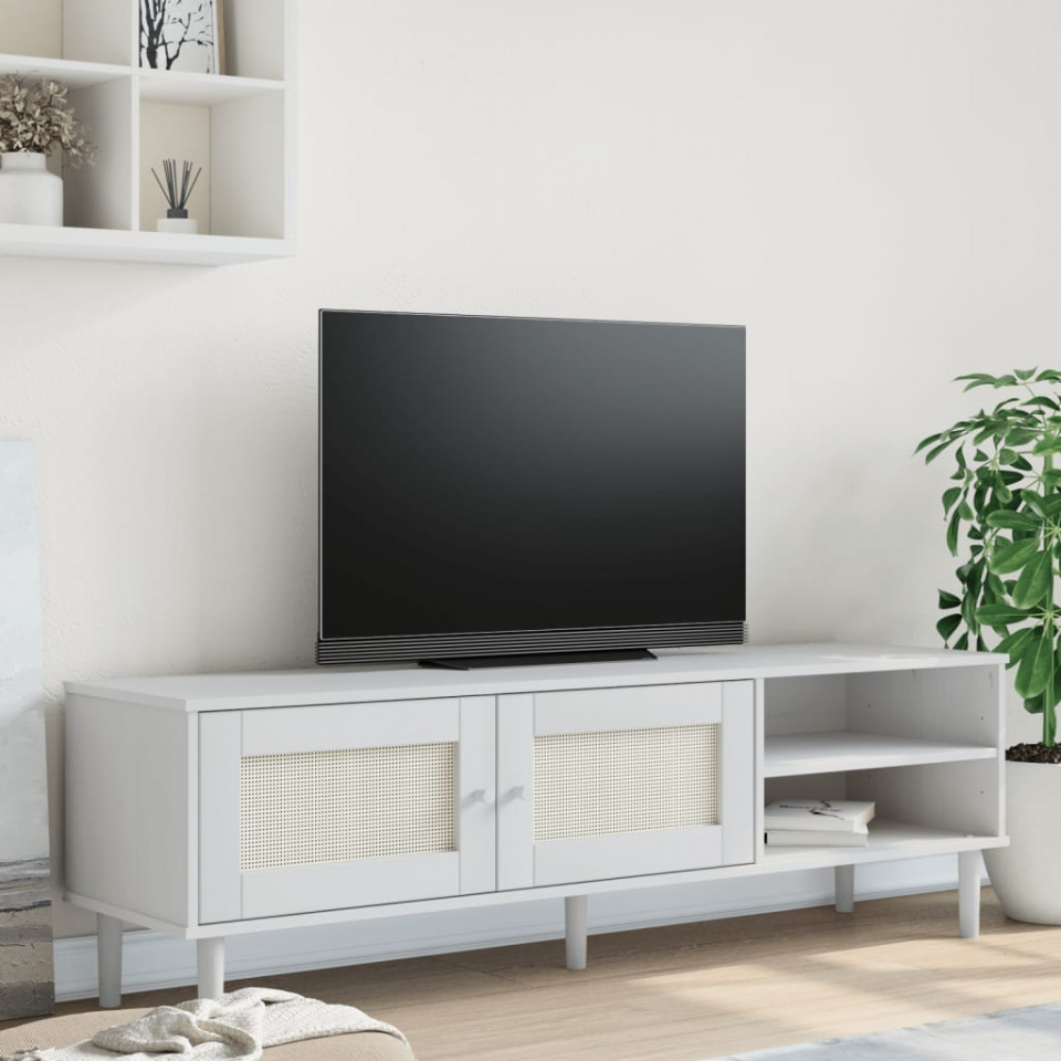 Comodă TV SENJA aspect ratan alb, 158x40x49 cm, lemn masiv pin
