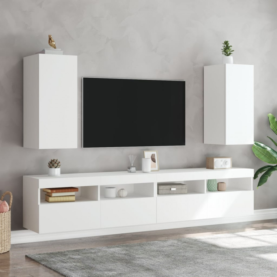 Comode TV de perete cu lumini LED, 2 buc., alb, 30,5x35x70 cm