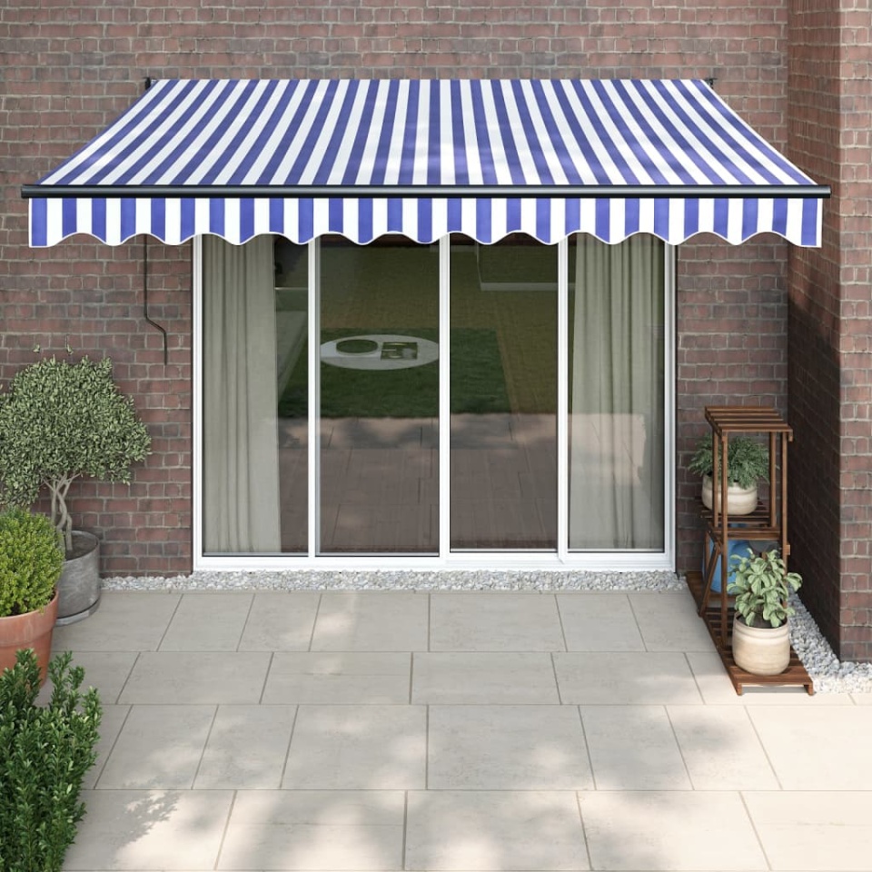 Copertină retractabilă automată, albastru și alb, 3x2,5 m
