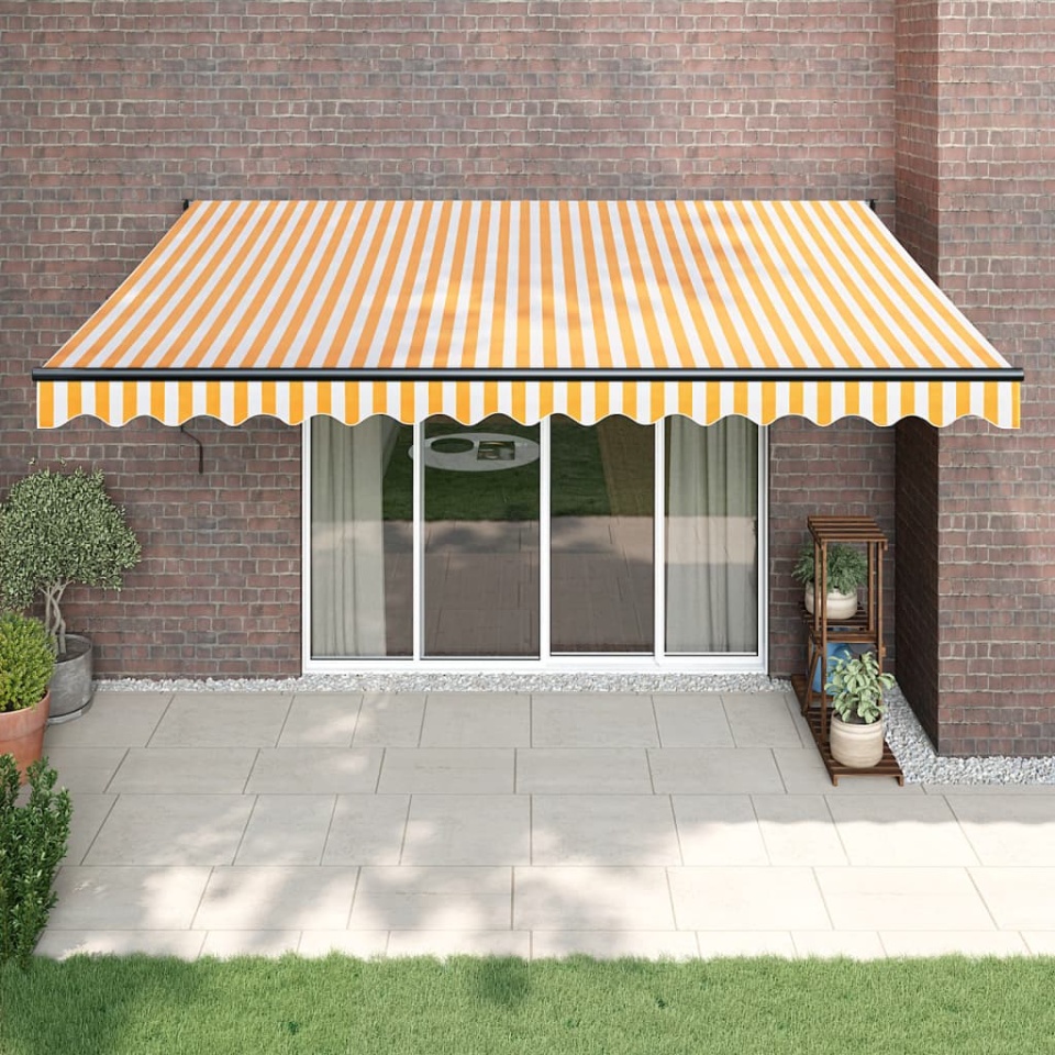 Copertină retractabilă automată, galben și alb, 4,5x3 m