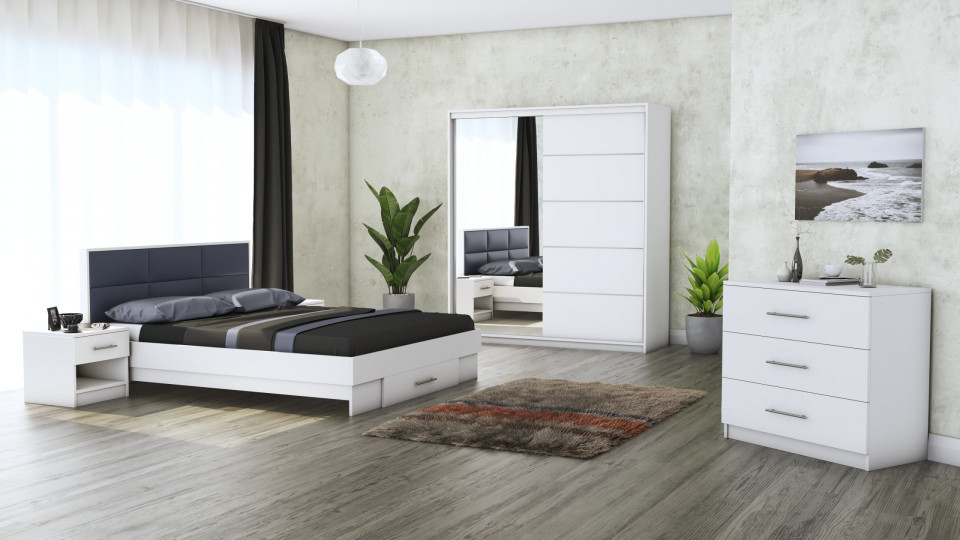 Dormitor Solano, alb, dulap 183 cm, pat cu tablie tapitata gri 160×200 cm, 2 noptiere, comoda