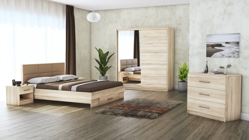 Dormitor Solano, sonoma, dulap 183 cm, pat cu tablie tapitata camel 160×200 cm, 2 noptiere, comoda
