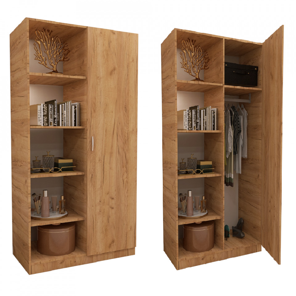 Dulap 1 Usa Mixt cu Bara si 5 Rafturi Depozitare 200x100x50 cm, Stejar Auriu, Material PAL de 18mm