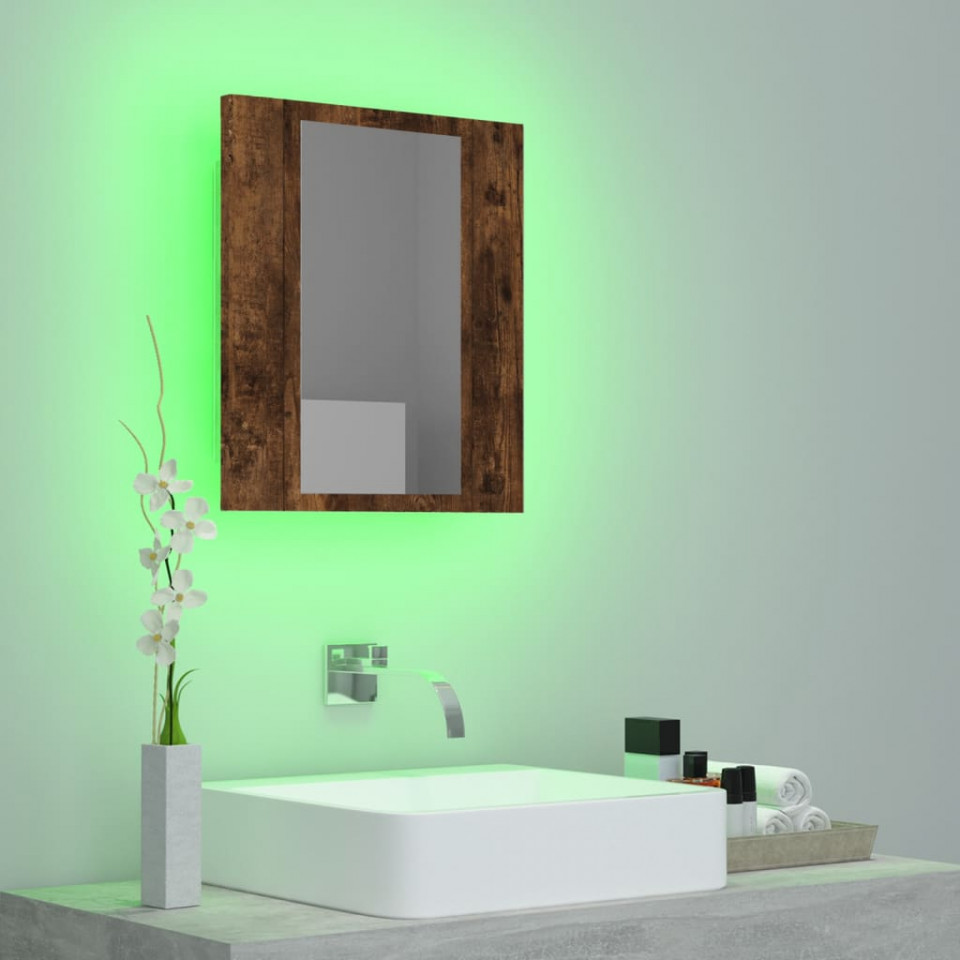 Dulap cu oglindă de baie LED, stejar fumuriu, 40x12x45 cm, lemn
