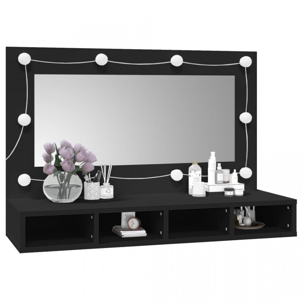 Dulap cu oglindă și LED, negru, 90x31,5x62 cm