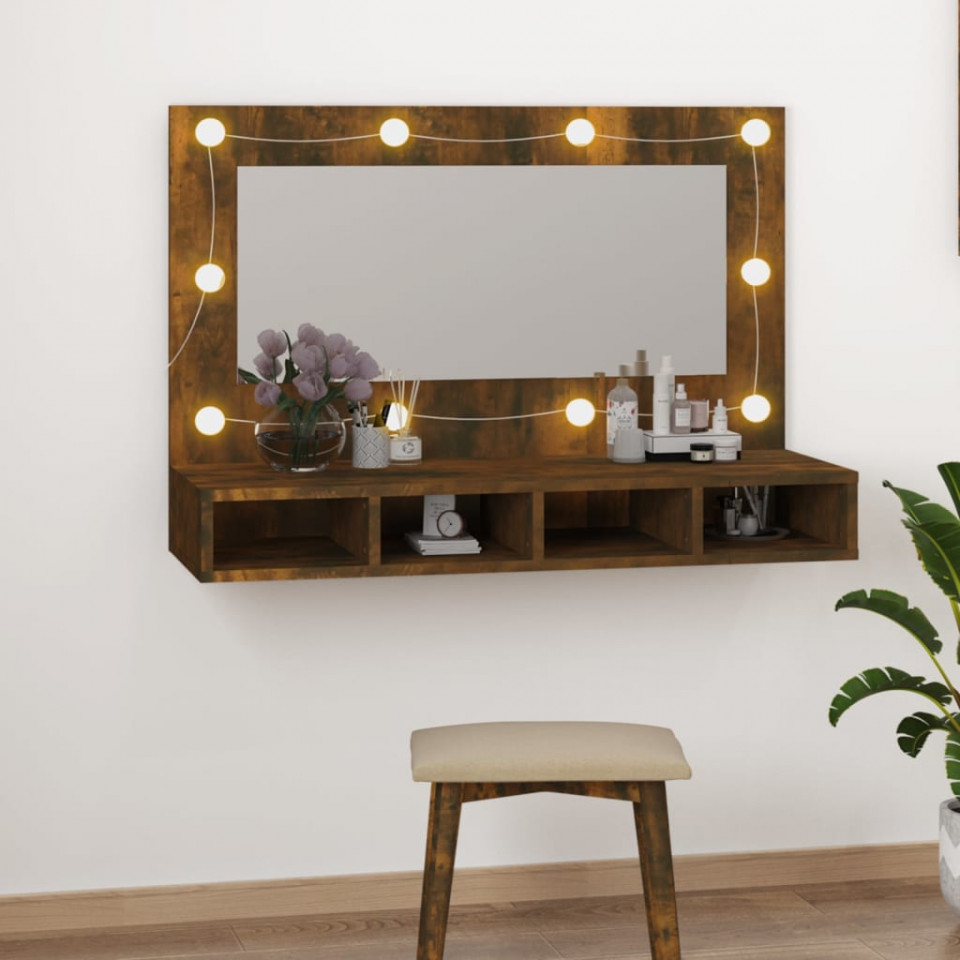 Dulap cu oglindă și led, stejar fumuriu, 90x31,5x62 cm