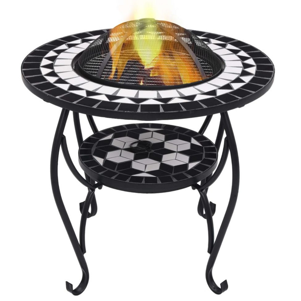 Masă cu vatră de foc, mozaic, negru și alb, 68 cm, ceramică Alb