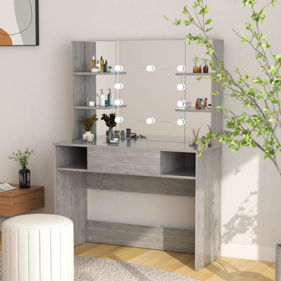 Masă machiaj cu lumini LED, gri beton, 100x40x135 cm , MDF