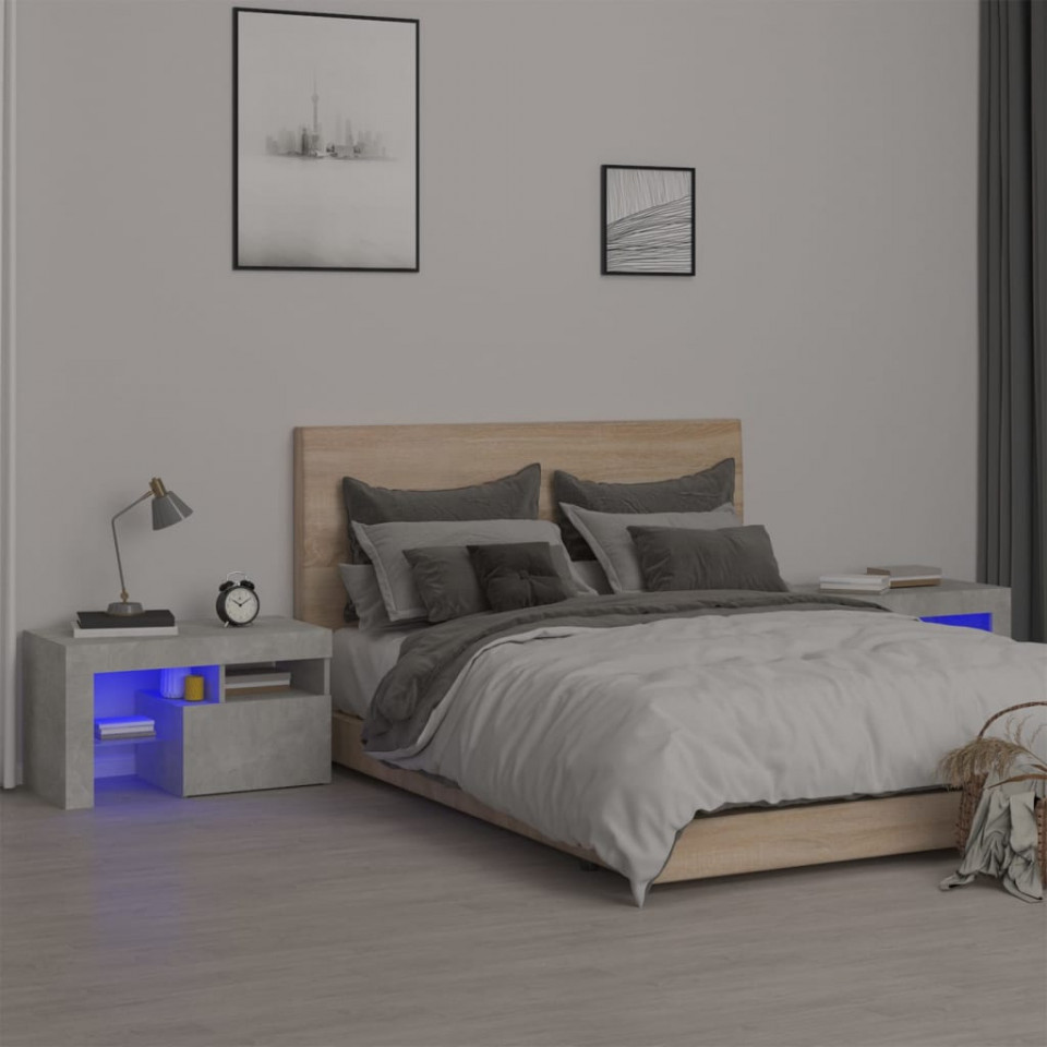 Noptiere cu lumini LED, 2 buc., gri beton, 70x36,5x40 cm