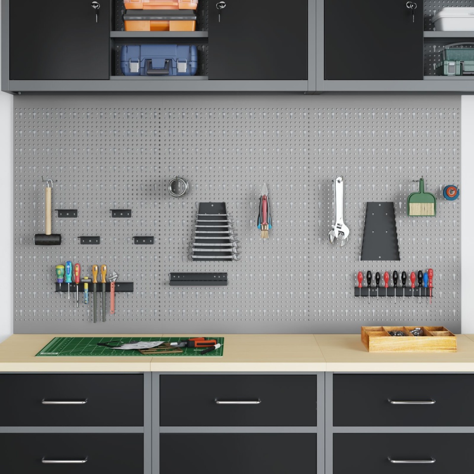 Panouri de perete 3 buc cu 15 accesorii gri 50x80 cm din oțel
