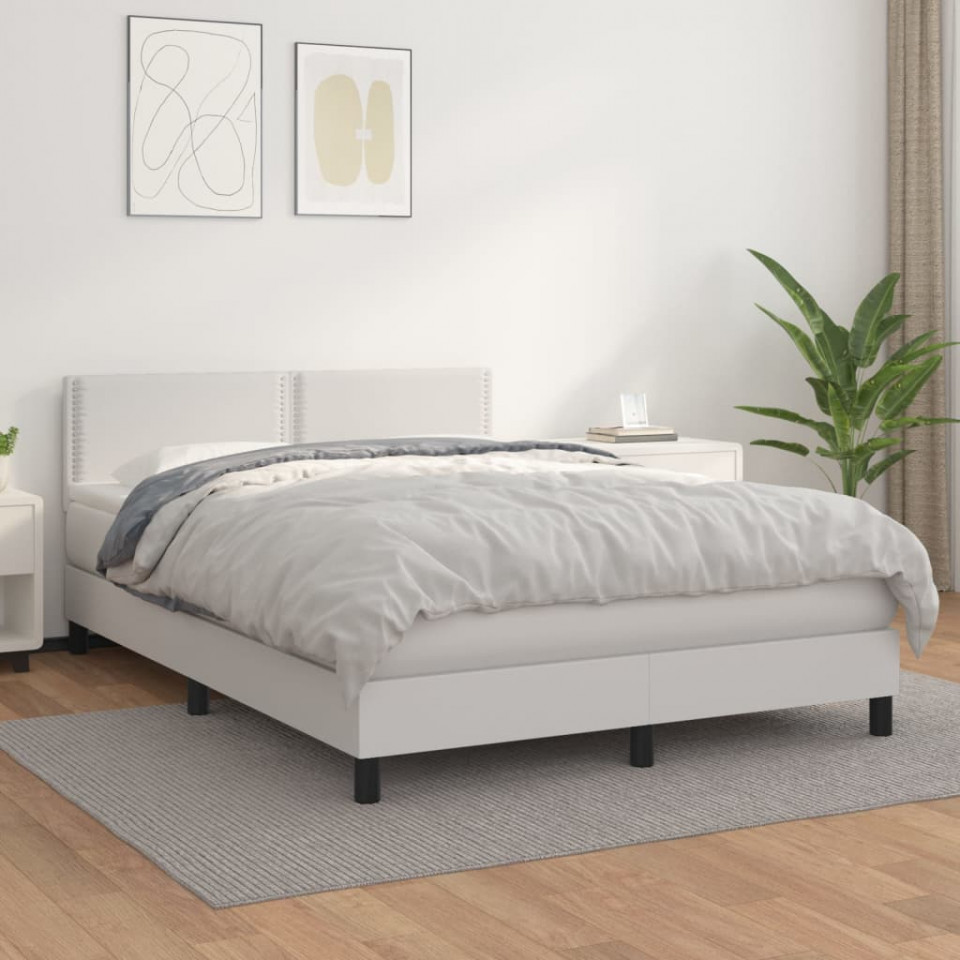 Pat box spring cu saltea, alb, 140x200 cm, piele ecologică