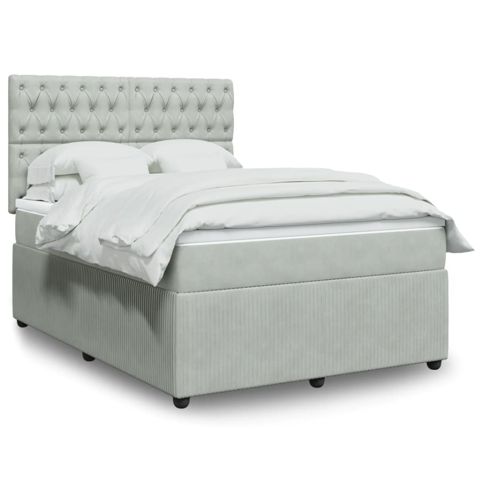 Pat box spring cu saltea, gri deschis, 140x200 cm, catifea