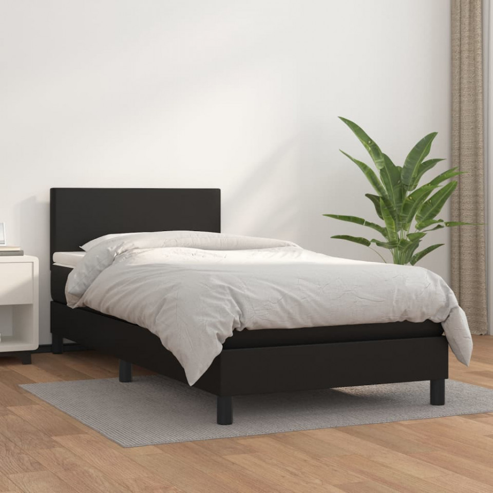 Pat box spring cu saltea, negru, 100x200 cm, piele ecologică