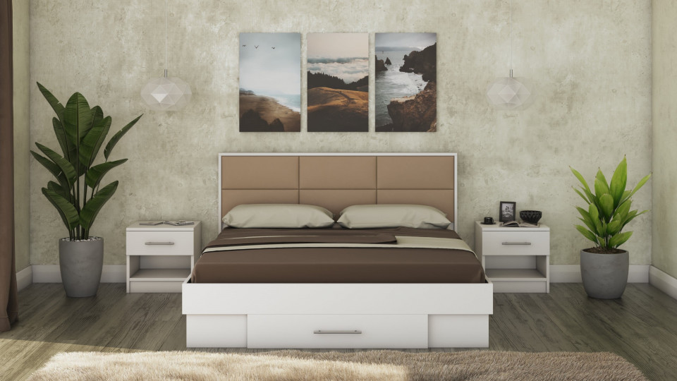 Pat solano alb cu noptiere, tablie tapitata camel, 160×200 cm