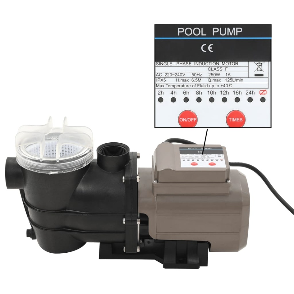 Pompă de piscină cu temporizator, negru, 0,25 CP, 8000 L/h