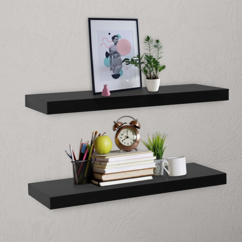 Rafturi de perete suspendate, 2 buc., negru, 80x20x3,8 cm