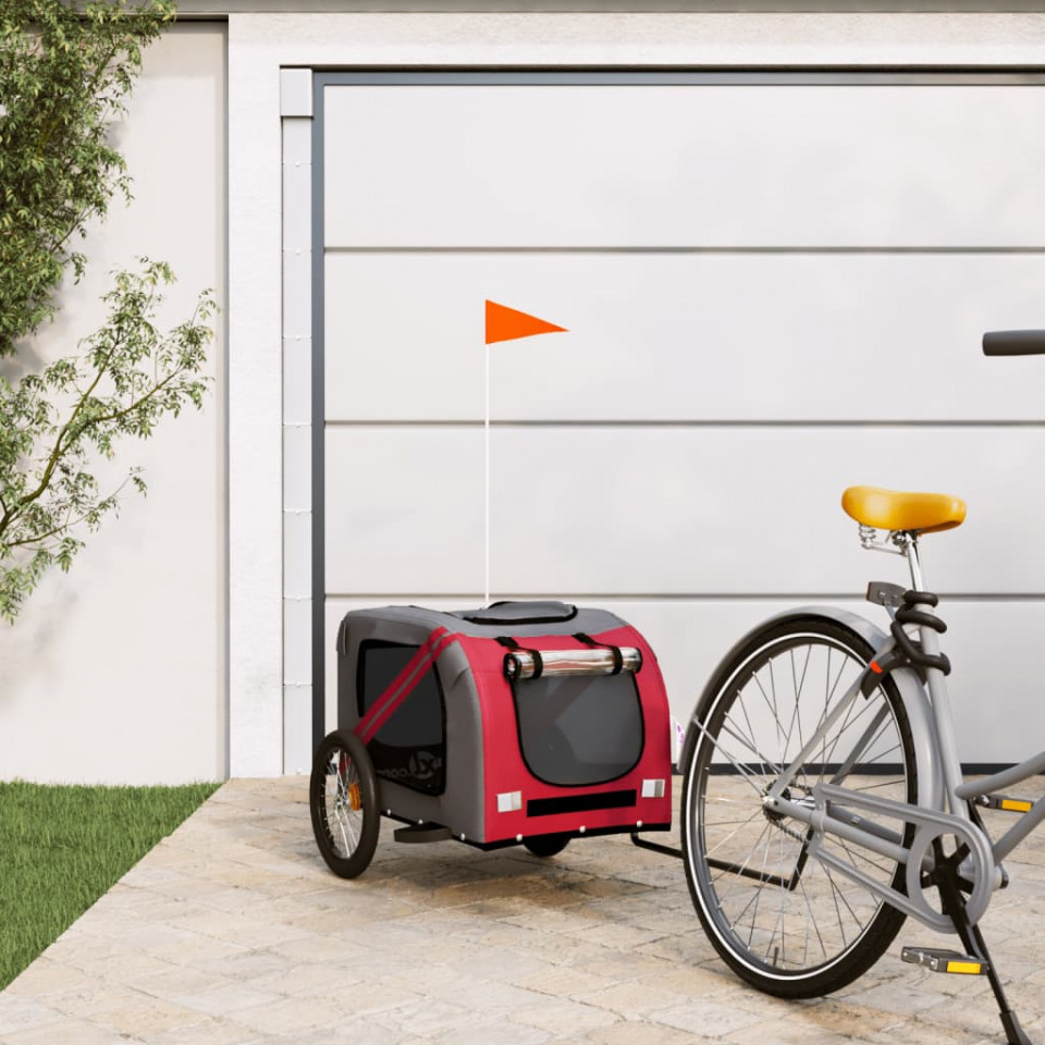 Remorcă de bicicletă pentru câini, roșu&gri, textil oxford&fier