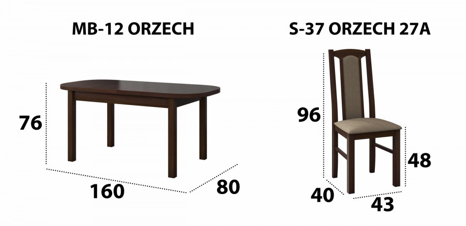 Set masa extensibila 160x200cm cu 4 scaune tapitate, MB-12 Venus1 si S-37 Boss7 O27A, nuc, lemn masiv de fag, stofa