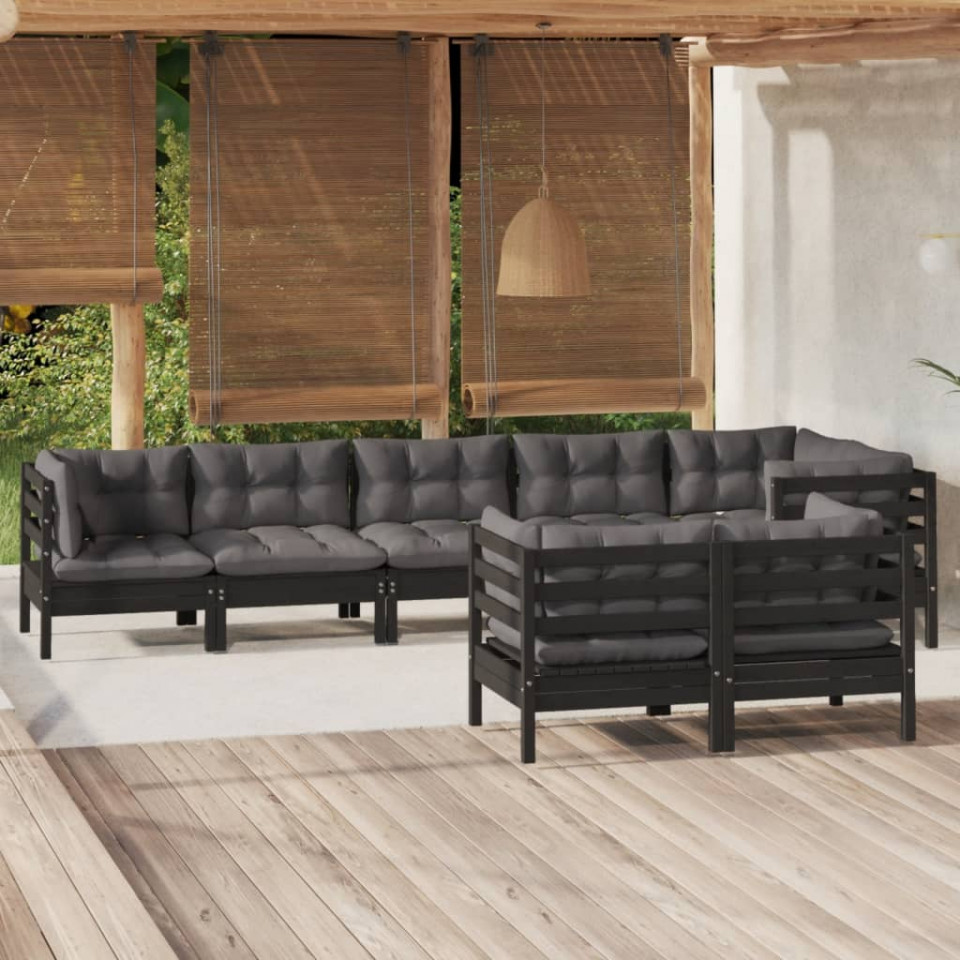 Poza Set mobilier de gradina cu perne 8 piese negru lemn masiv pin
