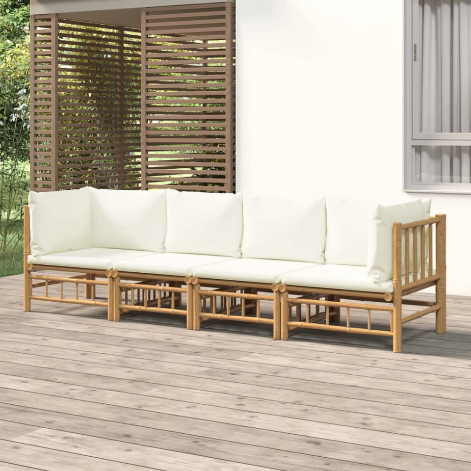 Poza Set mobilier de gradina, cu perne alb crem, 4 piese, bambus