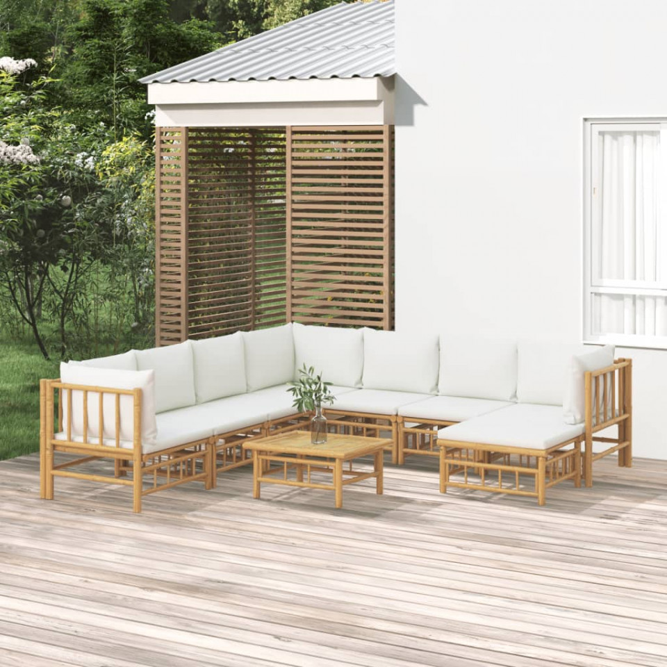 Poza Set mobilier de gradina, cu perne alb crem, 9 piese, bambus