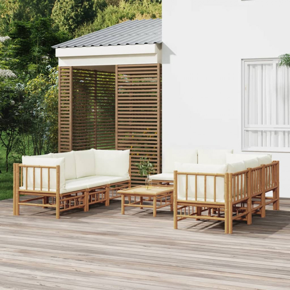Poza Set mobilier de gradina, cu perne alb crem, 9 piese, bambus