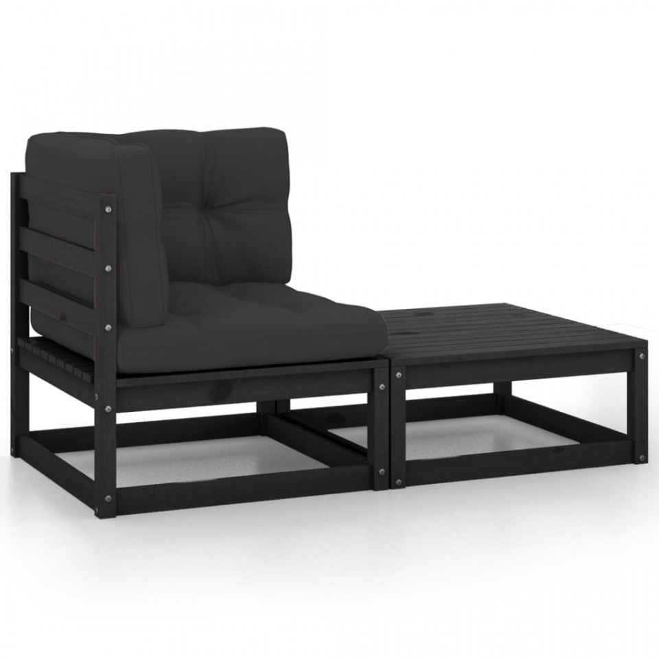 Set mobilier grădină cu perne, 2 piese, negru, lemn masiv pin