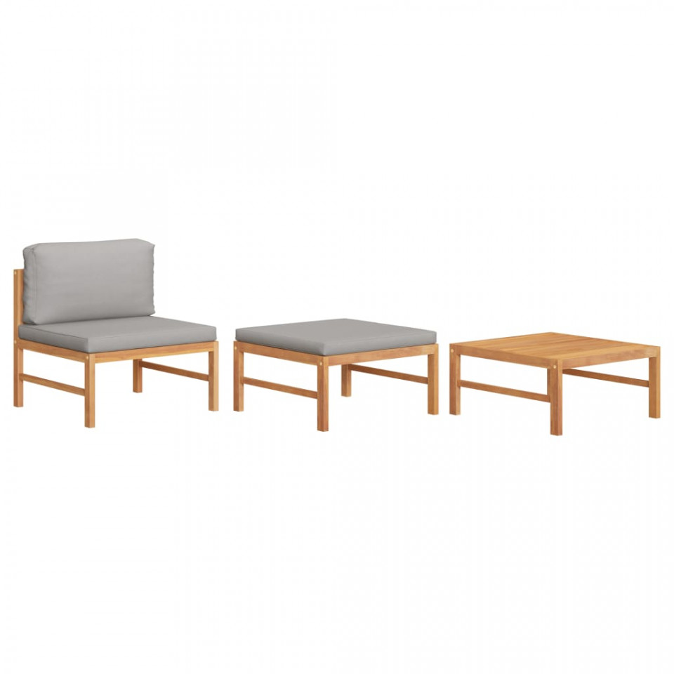 Set mobilier grădină cu perne gri închis, 3 piese, lemn de tec
