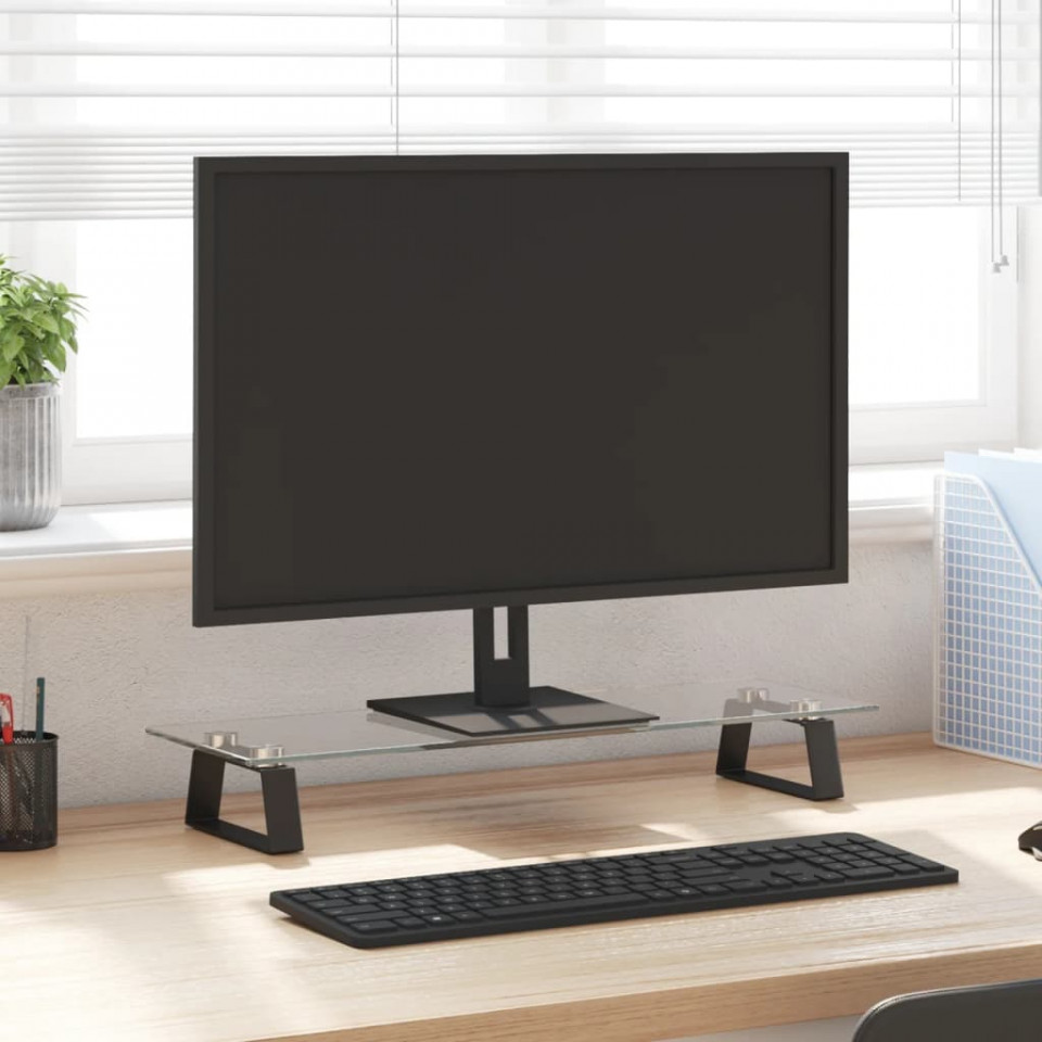 Suport de monitor, negru, 60x20x8 cm, sticlă securizată/ metal