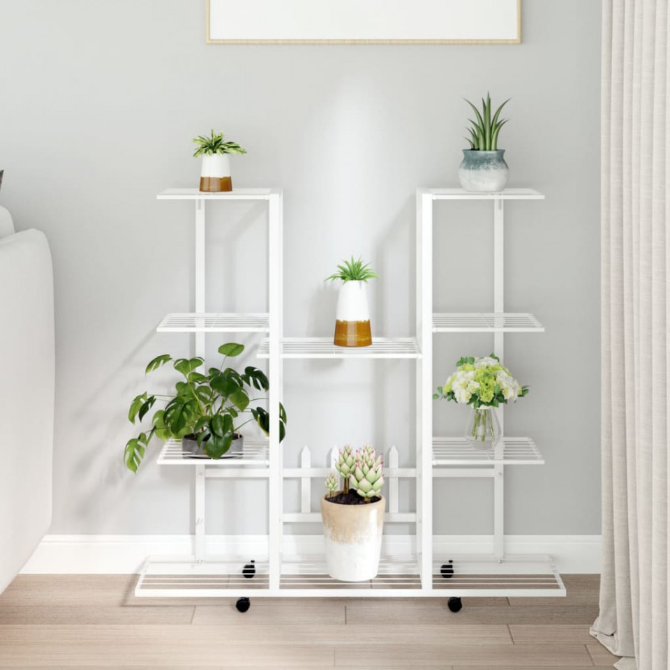 Suport pentru flori cu roți, 94,5x24,5x91,5 cm, alb, fier