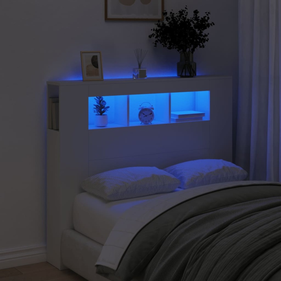Tăblie de pat cu LED, alb, 120x18,5x103,5 cm, lemn