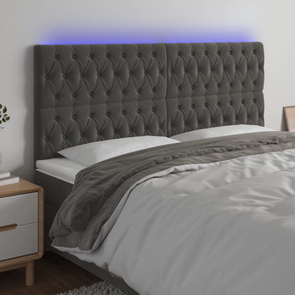 Tăblie de pat cu led, gri închis, 200x7x118/128 cm, textil