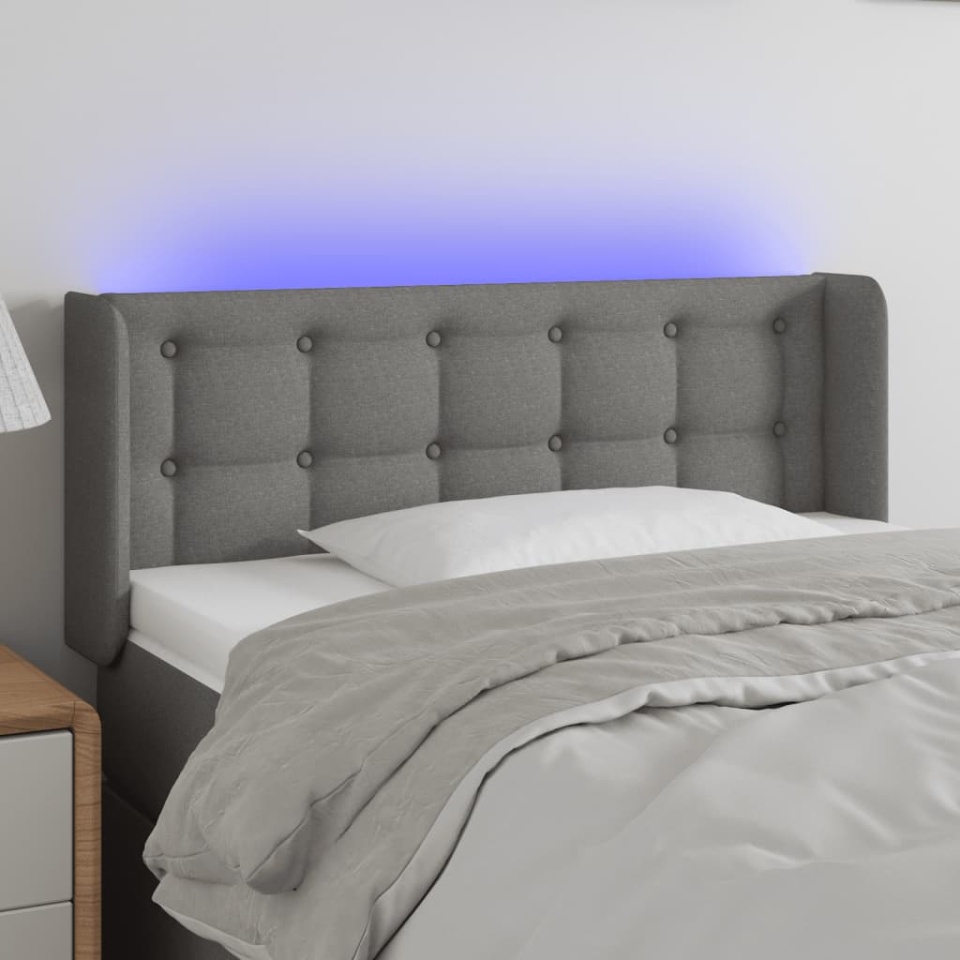 Tăblie de pat cu LED, gri închis, 93x16x78/88 cm, textil