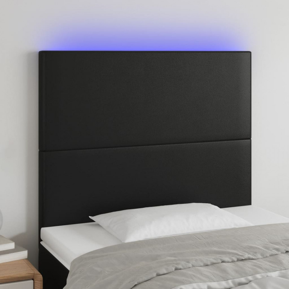 Tăblie de pat cu LED, negru, 100x5x118/128 cm, piele ecologică