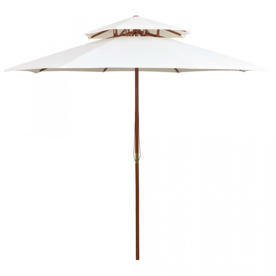 Umbrelă de soare dublă, 270x270 cm, stâlp de lemn, alb crem