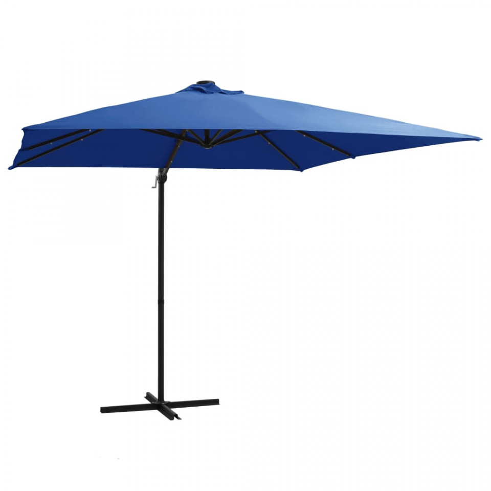 Umbrela suspendata cu LED si stalp otel, azuriu, 250 x 250 cm