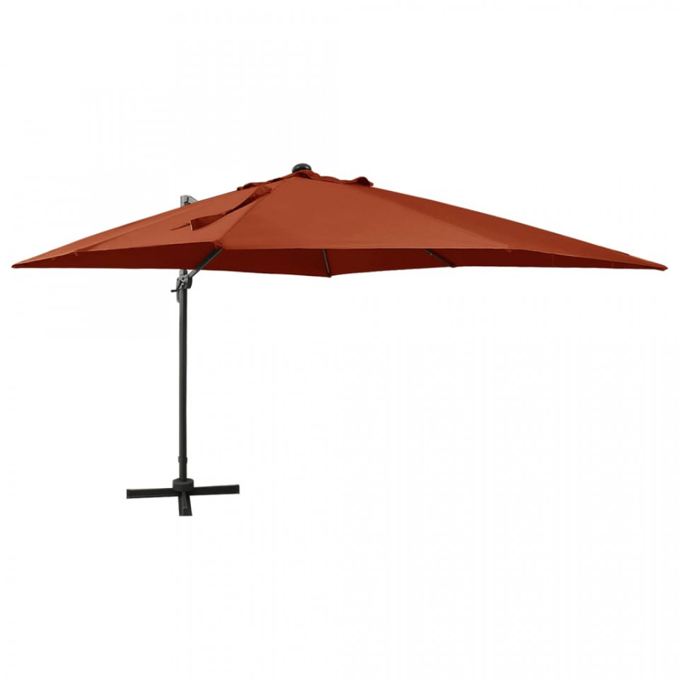 Umbrela suspendata cu stalp si LED-uri, caramiziu, 300 cm