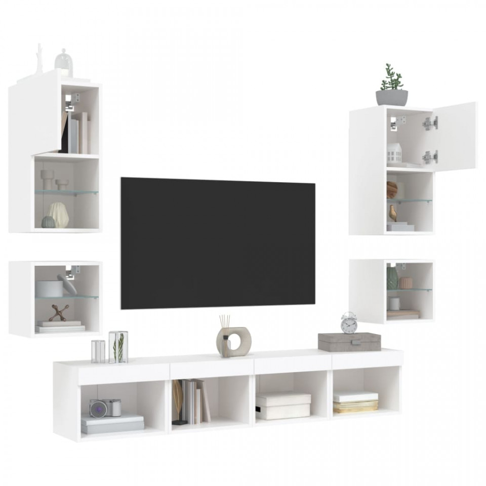 Unități de perete TV cu LED-uri, 8 piese, alb, lemn prelucrat