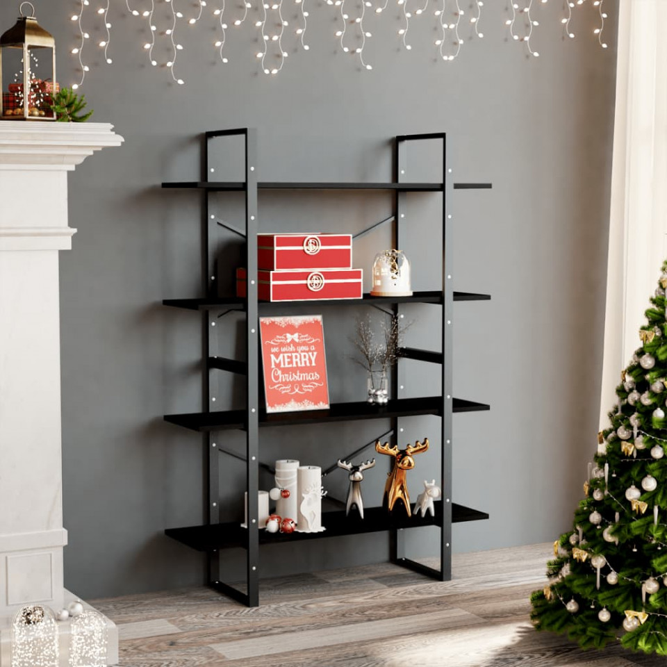 Bibliotecă cu 4 rafturi, negru, 100x30x140 cm, lemn masiv pin