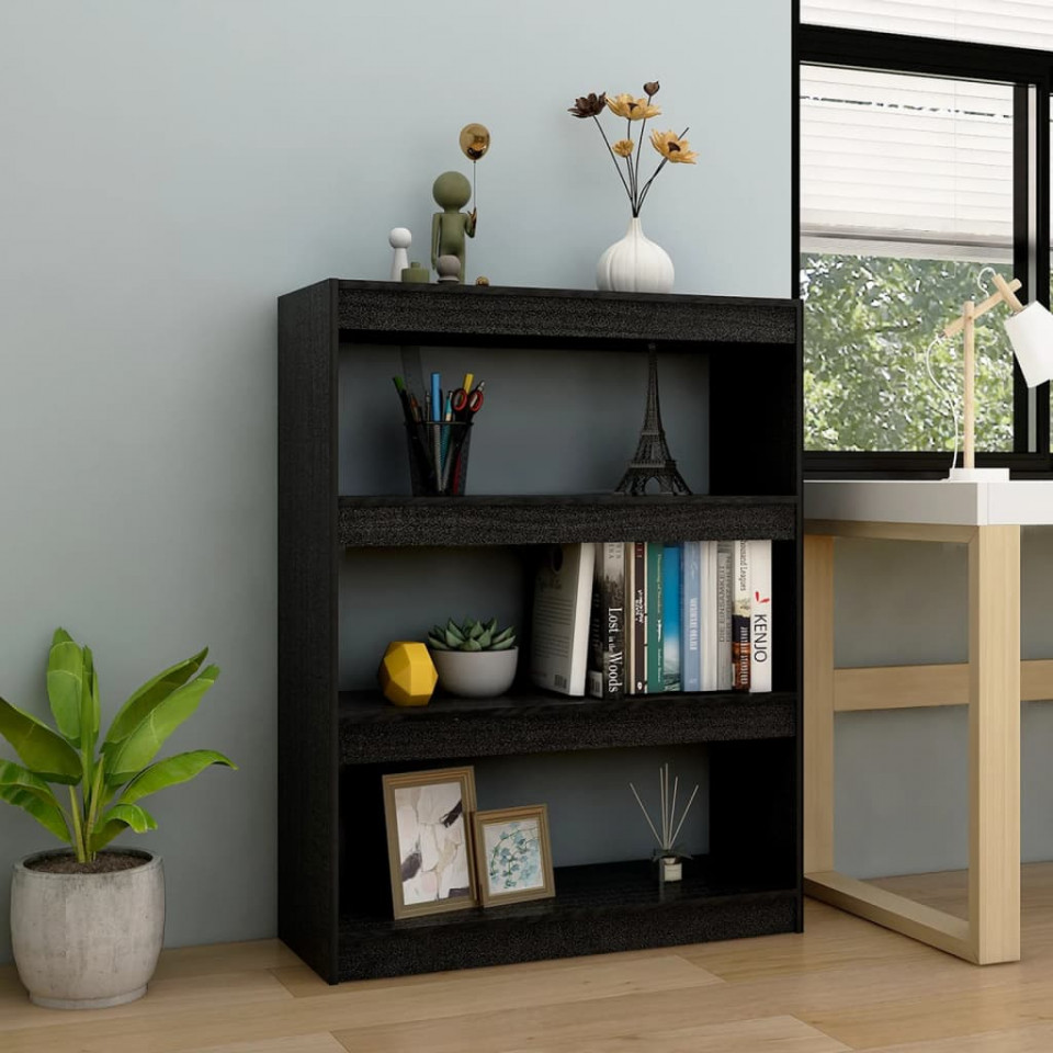 Bibliotecă/separator cameră, negru, 100x30x103 cm, lemn de pin