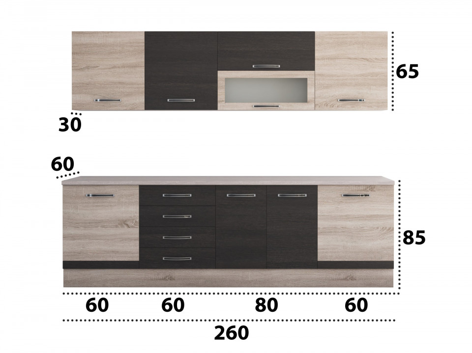 Bucatarie Alfa 260, Cu vitrina, Wenge/Sonoma, Blat termic travertin