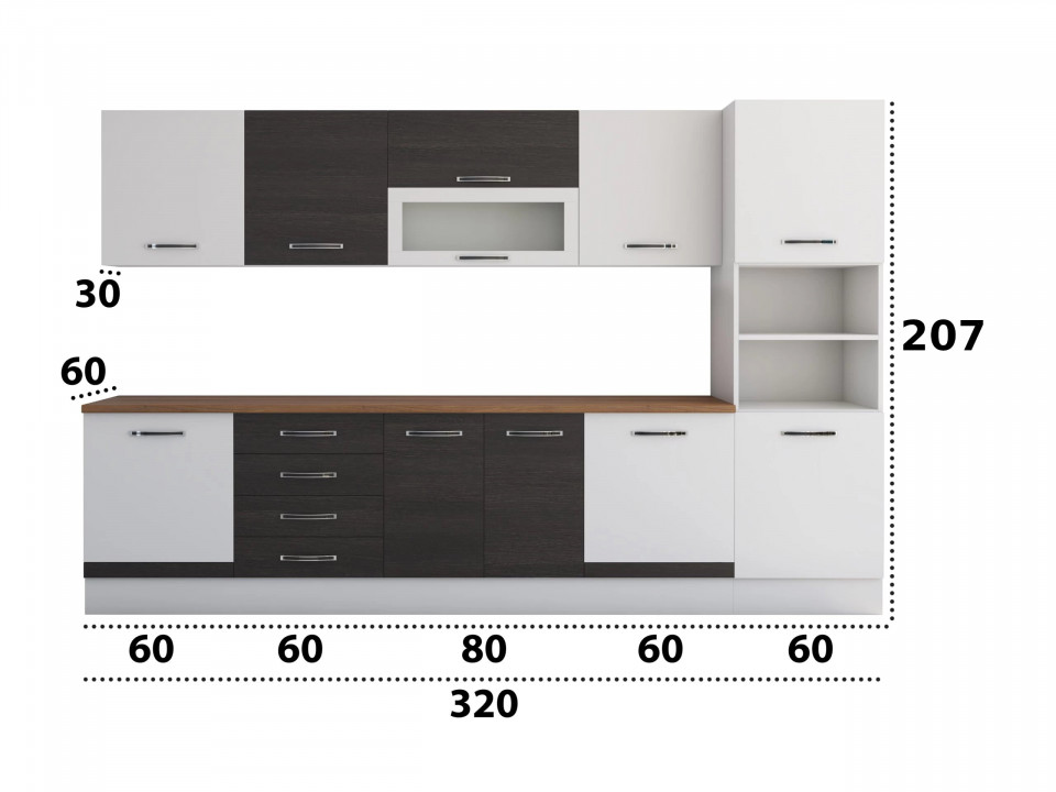 Bucatarie Alfa 320, wenge/alb, blat termic nuc, corp pentru cuptor incorporabil