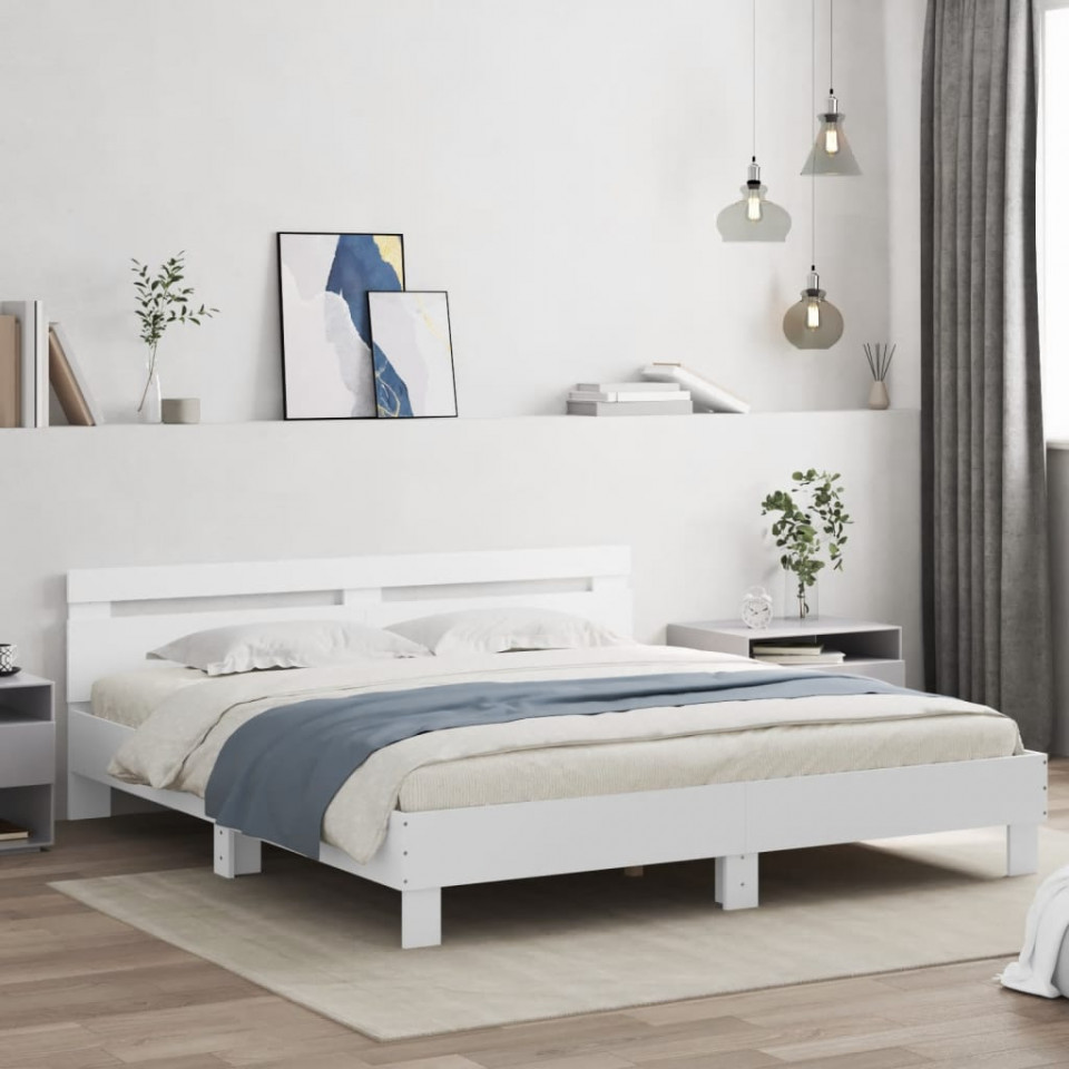 Cadru de pat cu tăblie și LED, alb, 200x200 cm