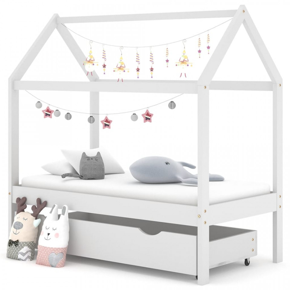 Cadru pat copii cu un sertar, alb, 70x140 cm, lemn masiv de pin