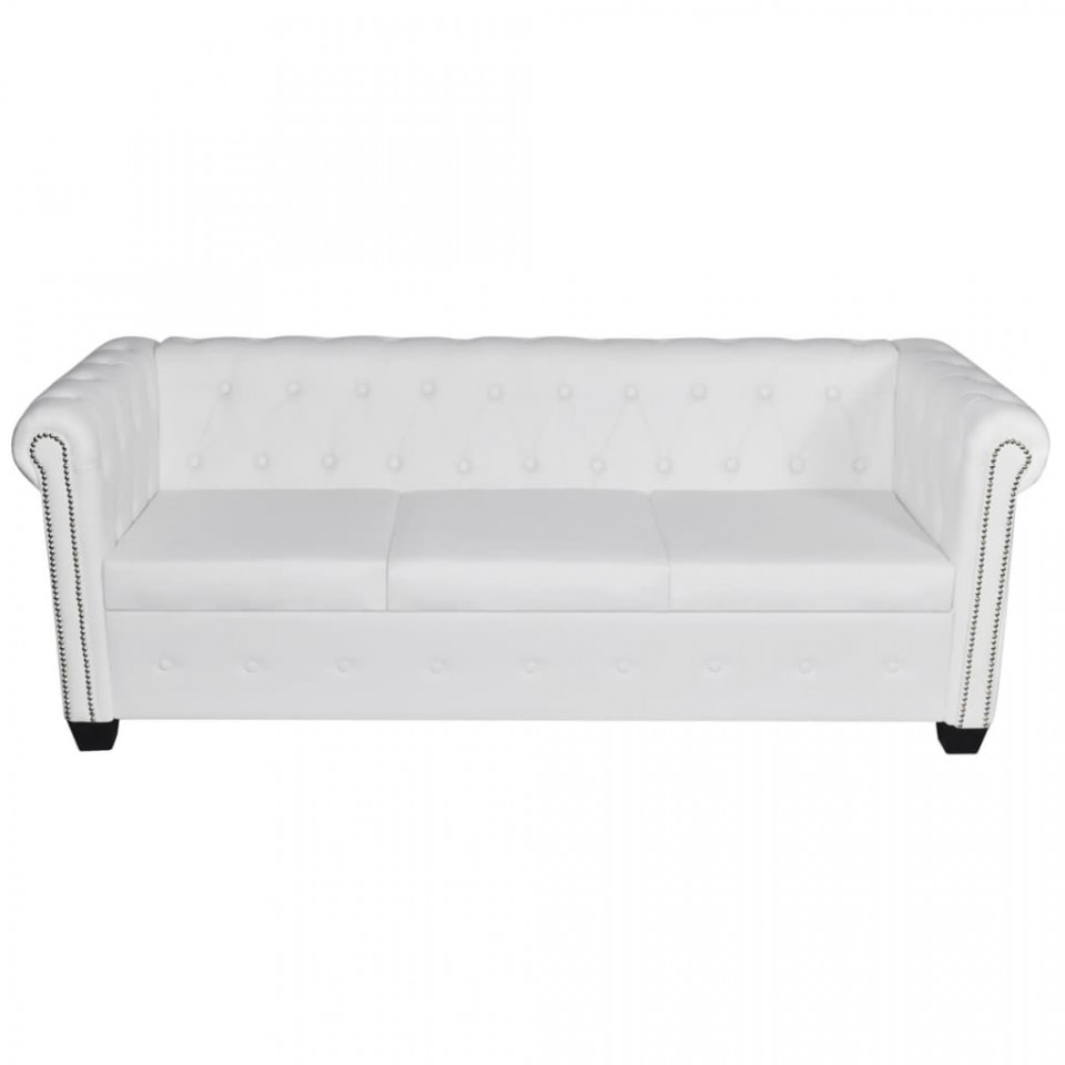Canapea Chesterfield cu 3 locuri, piele artificială, alb