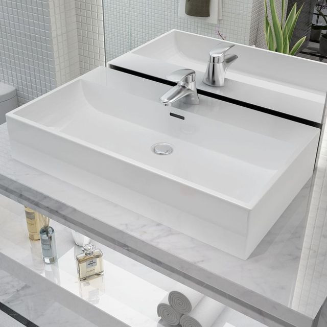 Chiuvetă baie, orificiu robinet, ceramică, 76×42,5×14,5 cm, alb Casa Practica