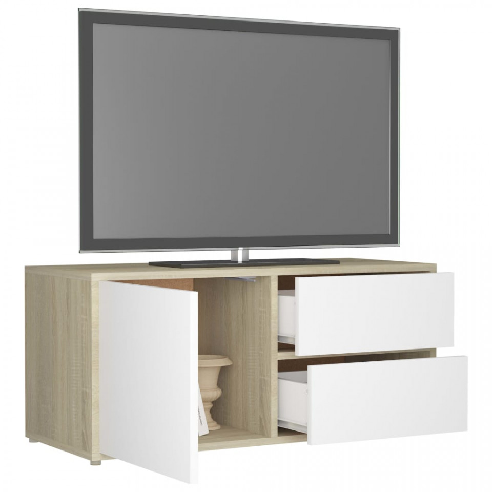 Comodă TV, alb și stejar Sonoma, 80 x 34 x 36 cm, PAL