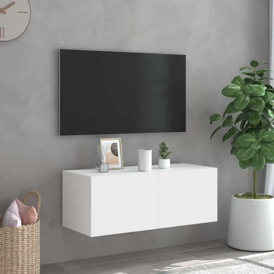 Comodă TV de perete cu lumini LED, alb, 80x35x31 cm