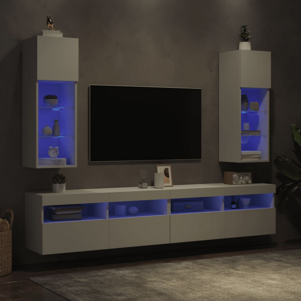 Comode TV cu lumini LED, 2 buc., alb, 30,5x30x90 cm