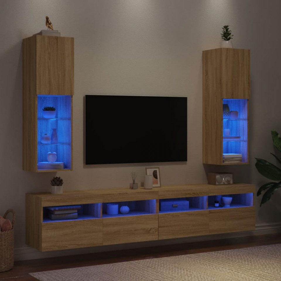 Comode TV cu lumini LED, 2 buc., stejar sonoma, 30,5x30x102 cm